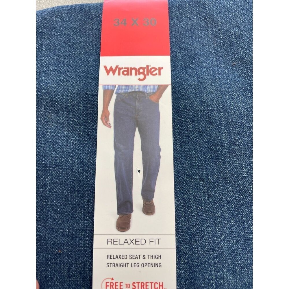 NEW Wrangler Men's 34X30 Relaxed Fit Straight Leg Jeans Stretch Denim Dark Blue - Picture 6 of 9